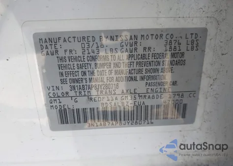 2018 Nissan Sentra S/Sv/Sr/Sl z USA, uszkodzony, nr VIN 3N1AB7AP8JY280716